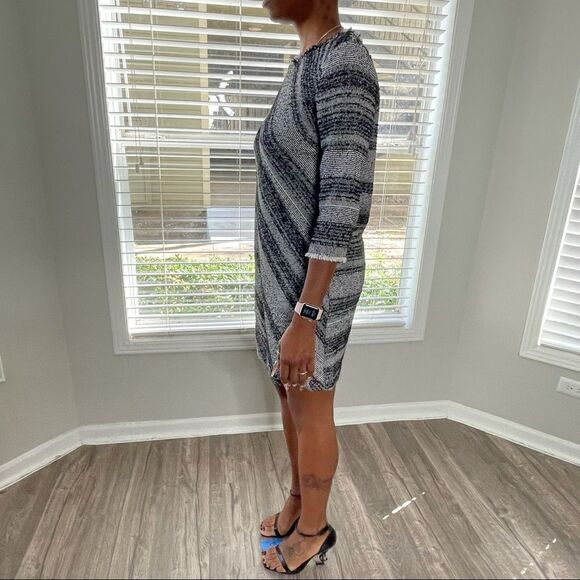 ZARA Gray Basic Medium Knit Black Stripes 3/4 Sleeves Dress - Picture 7 of 15